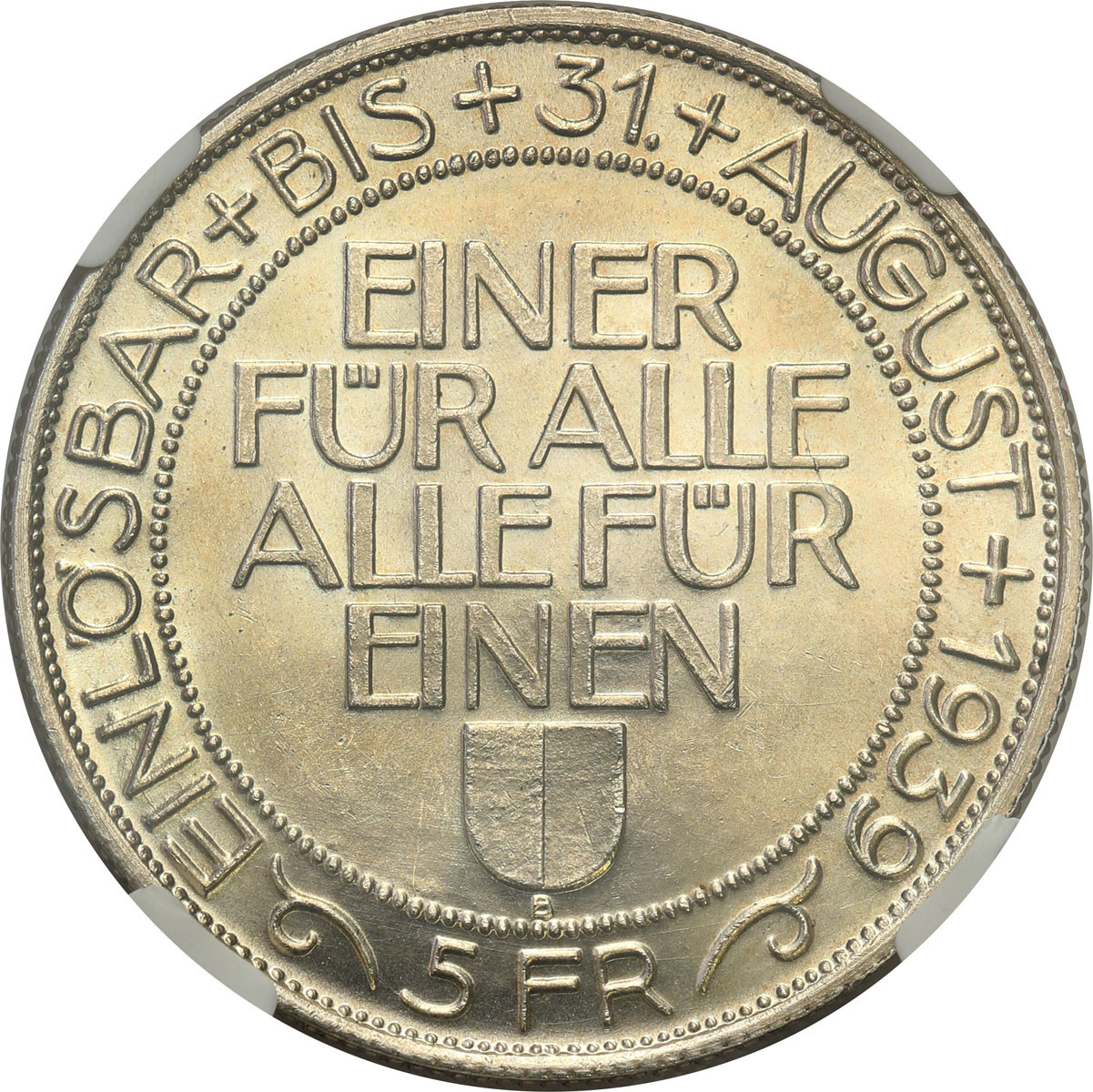 Szwajcaria. 5 Franków 1939, Luzern NGC MS63 – nakład 40.000 sztuk